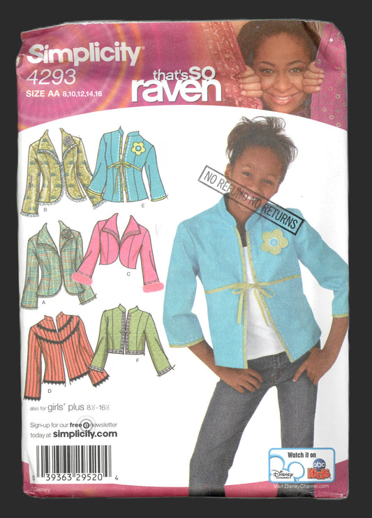 Simplicity 4293 that so RAVEN Girls Decorated jacket in Two Lengths with Collar and Trim Variations Sewing Pattern - UNCUT Size 8 - 16