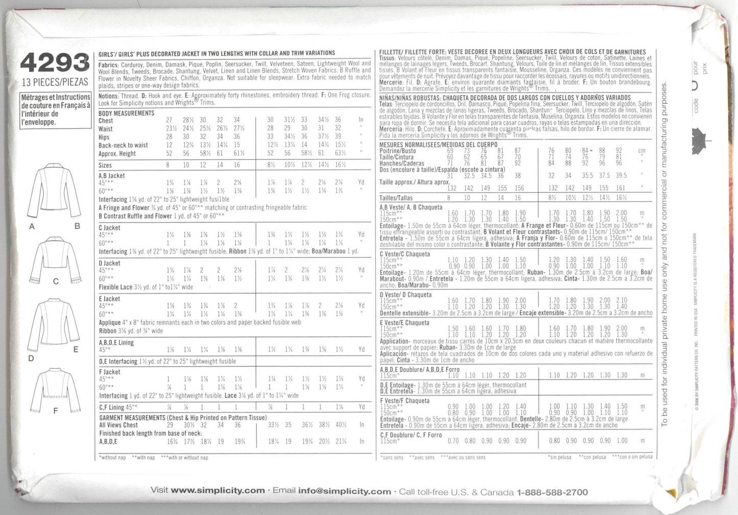 Simplicity 4293 that so RAVEN Girls Decorated jacket in Two Lengths with Collar and Trim Variations Sewing Pattern - UNCUT Size 8 - 16