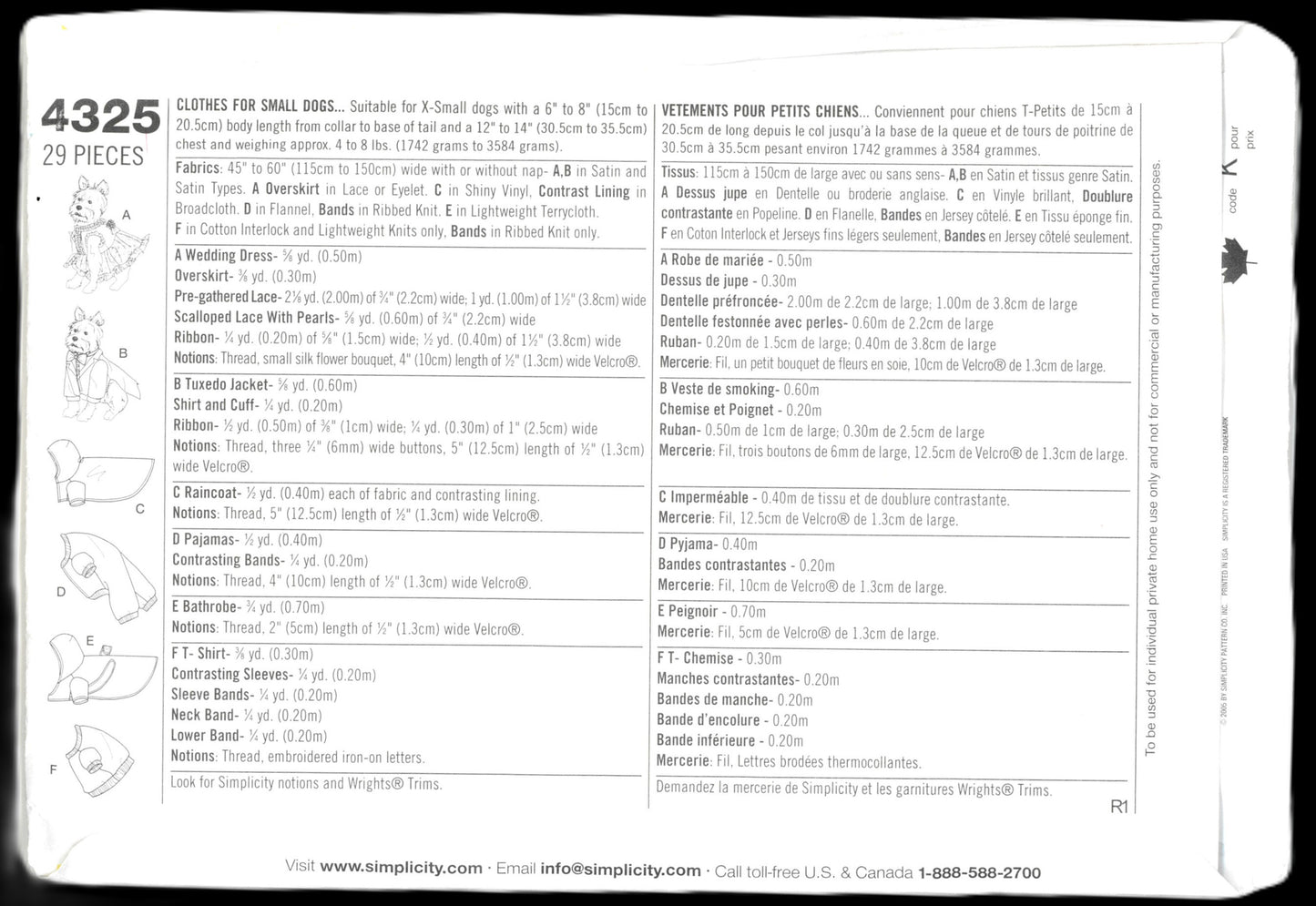 Simplicity 4325 Clothes for Extra Small Dogs Sewing Pattern UNCUT