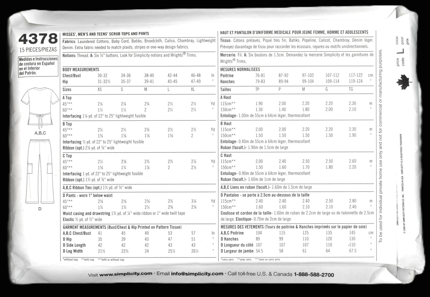 Simplicity 4378 Misses Mens and teens Scrub Tops and Pants Sewing Pattern - UNCUT - Size XS S M