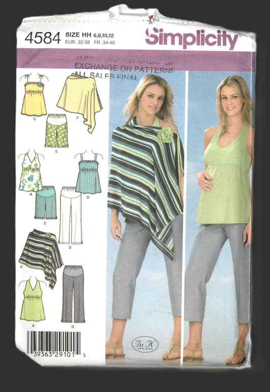 Simplicity 4584 Maternity Capri Pants or Shorts, Ponco and Knit Tops Sewing Pattern UNCUT Size 6 8 10 12