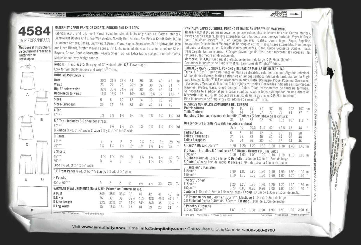 Simplicity 4584 Maternity Capri Pants or Shorts, Ponco and Knit Tops Sewing Pattern UNCUT Size 6 8 10 12