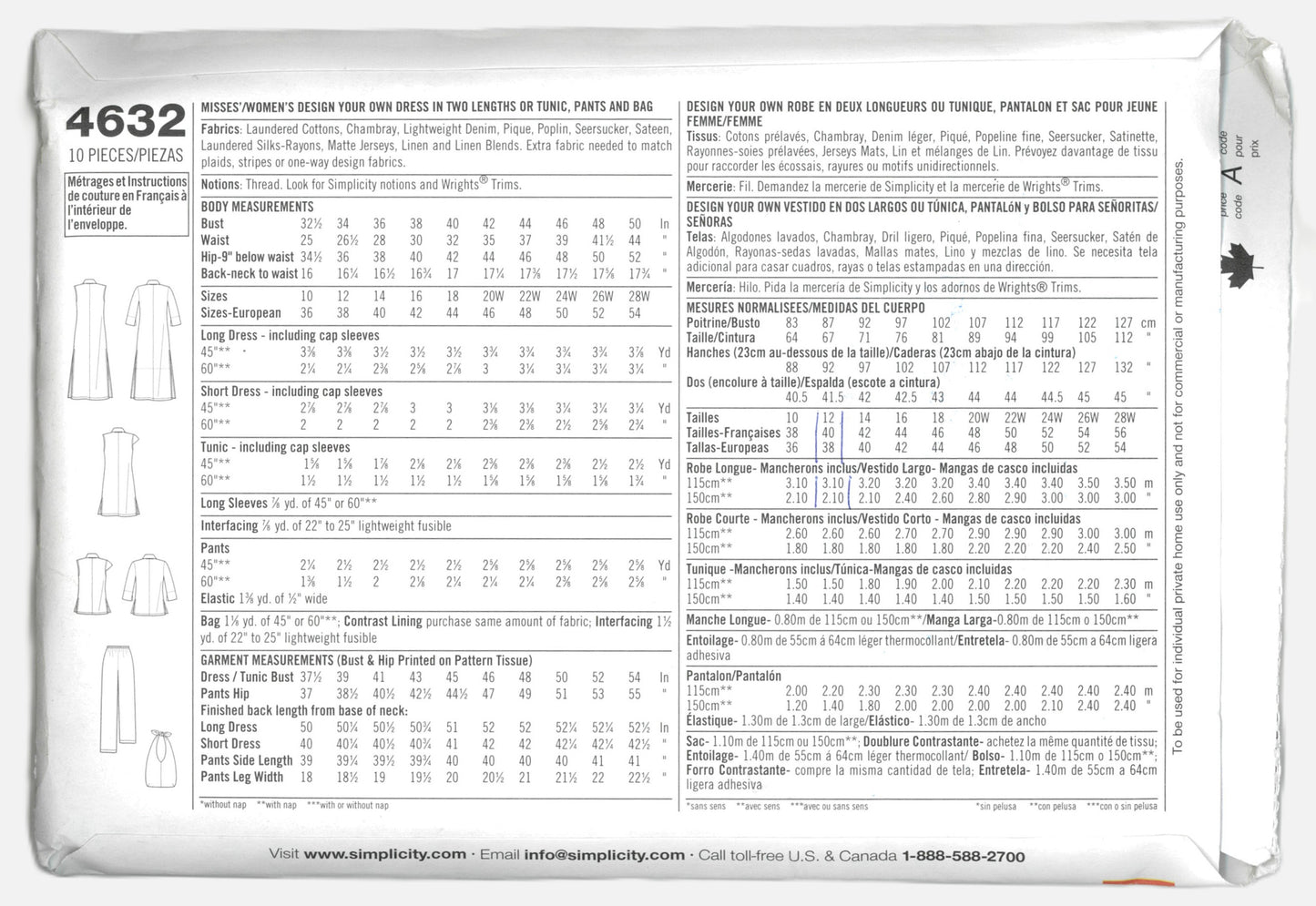 Simplicity 4632 Misses Design Your Own Dress in Two Lengths or Tunic, pants and Bag Sewing Pattern UNCUT Size 10 12 14 16 18