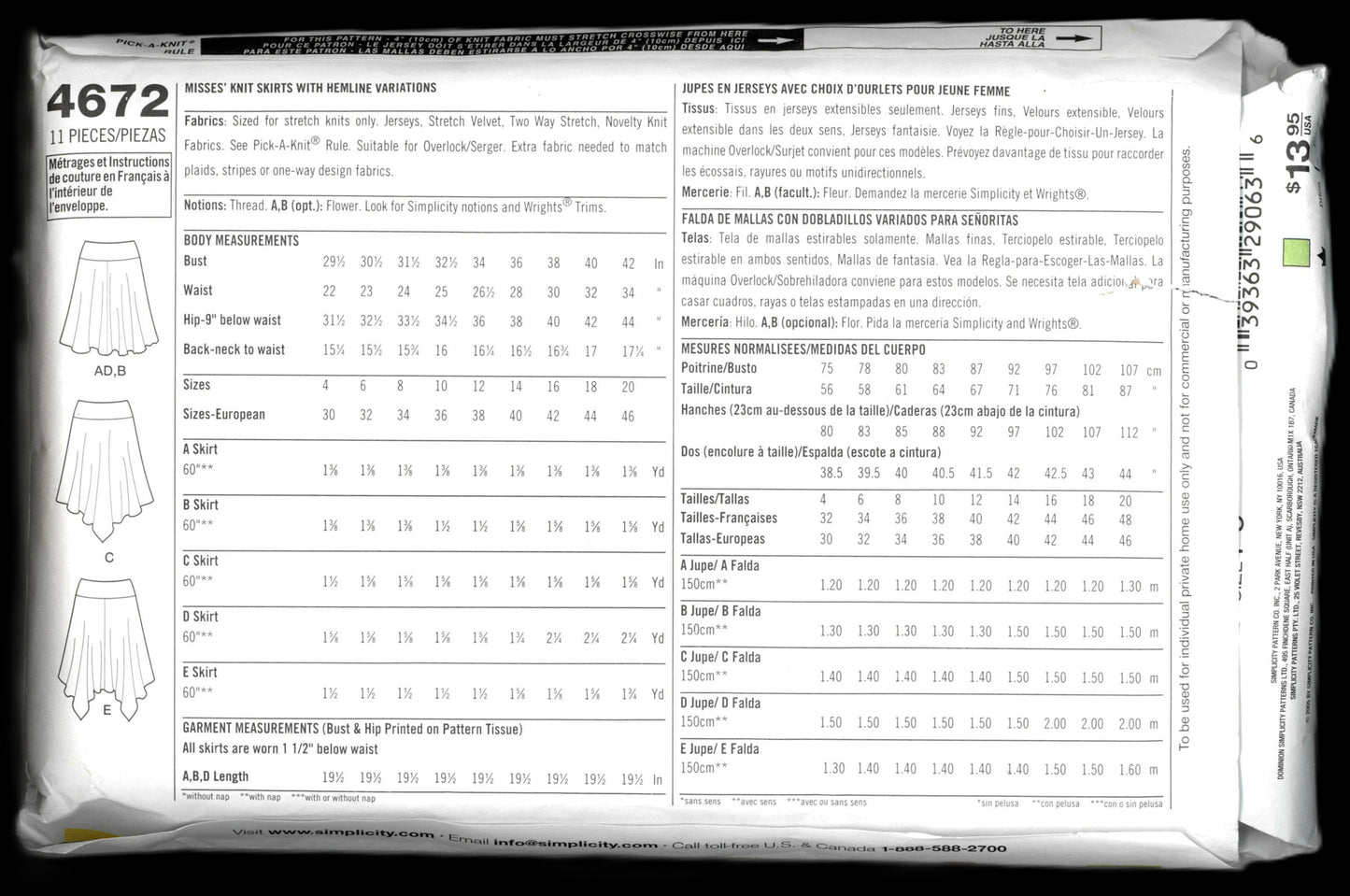 Simplicity 4672 MIsses Knit Skirts with Hemline Variations Sewing Pattern - UNCUT -  Size 12 14 16 18 20