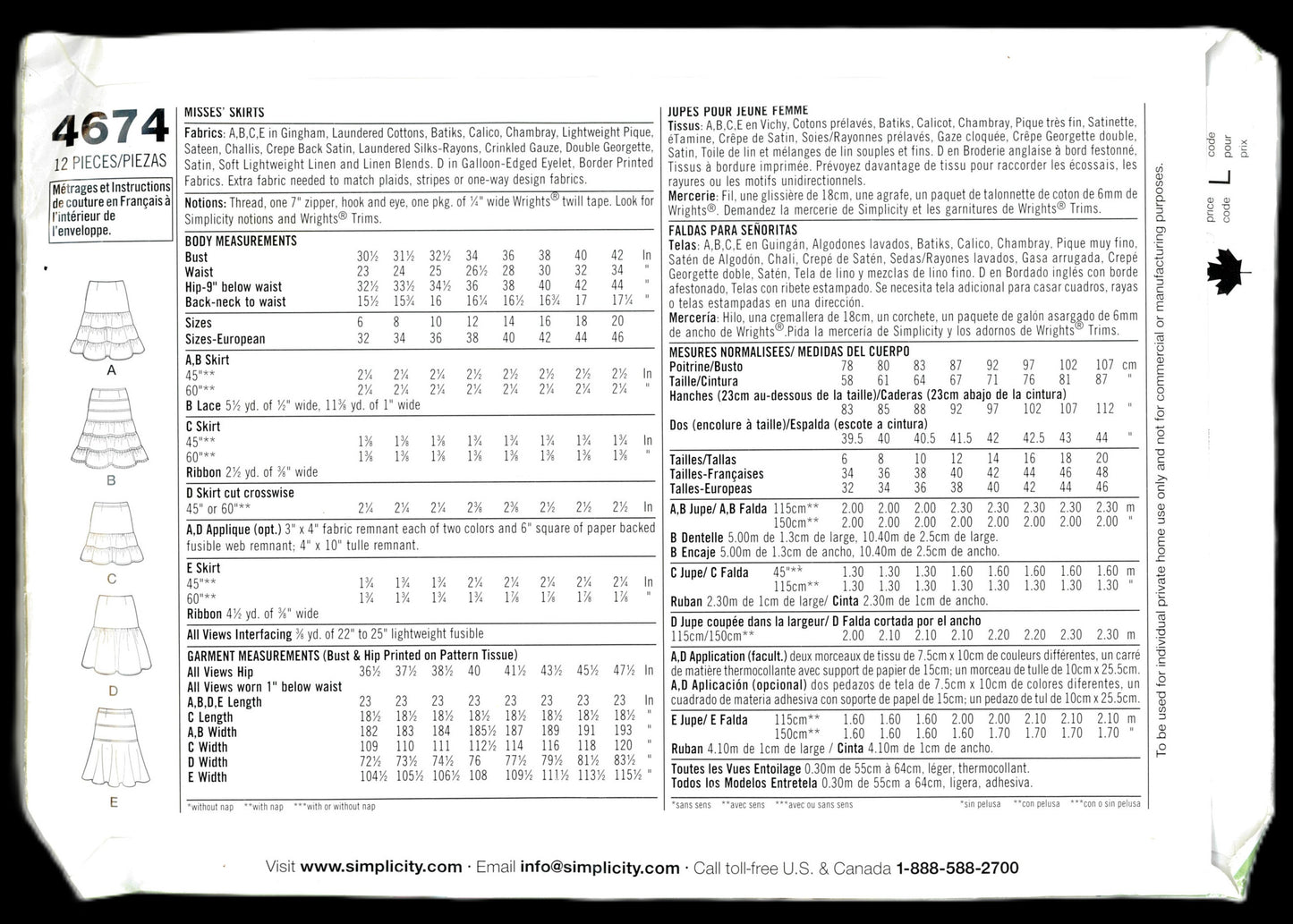 Simplicity 4674 Threads Misses Skirts Sewing Pattern UNCUT Size 6 8 10 12