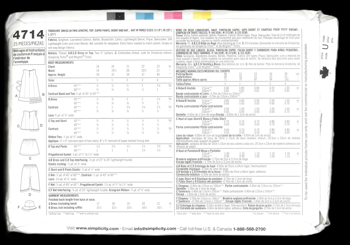 Simplicity 4714 Toddlers Dress in Two Lengths, Top, Capri Pants, Skort and Hat Sewing Pattern - UNCUT - Size 1/2 1 2 3 4