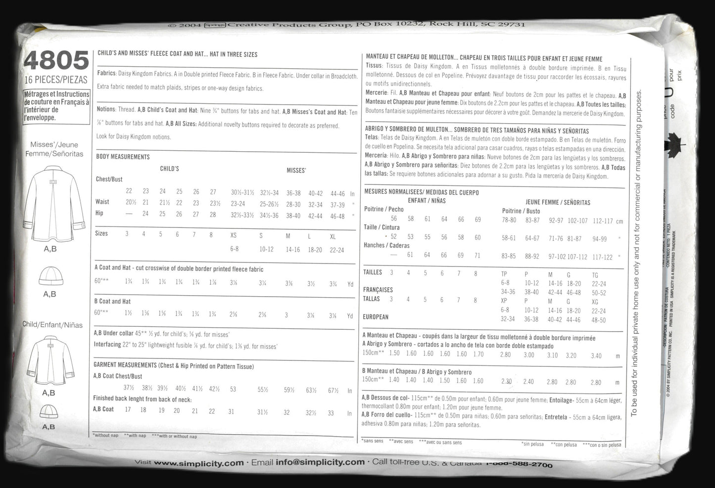 Simplicity 4805 Daisy Kingdom Childs and Misses Fleece Coat and Hat Sewing Pattern UNCUT Childs Size 3 - 8  Misses Size XS S M L XL