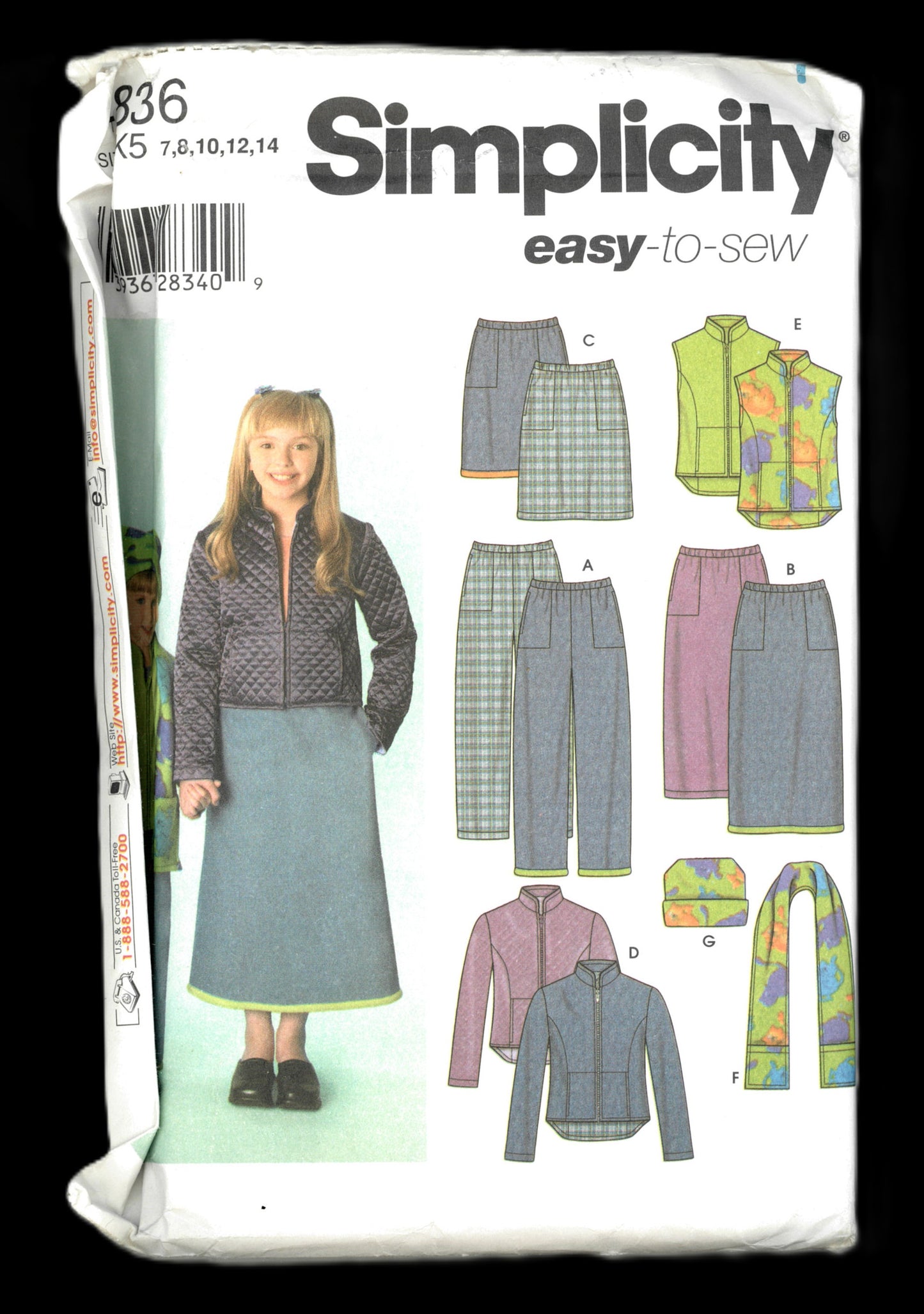Simplicity 4836 Childs Girls Pants Skirt Jacket or Vest Scarf and Hat Sewing Pattern - UNCUT Size 7 8 10 12 14