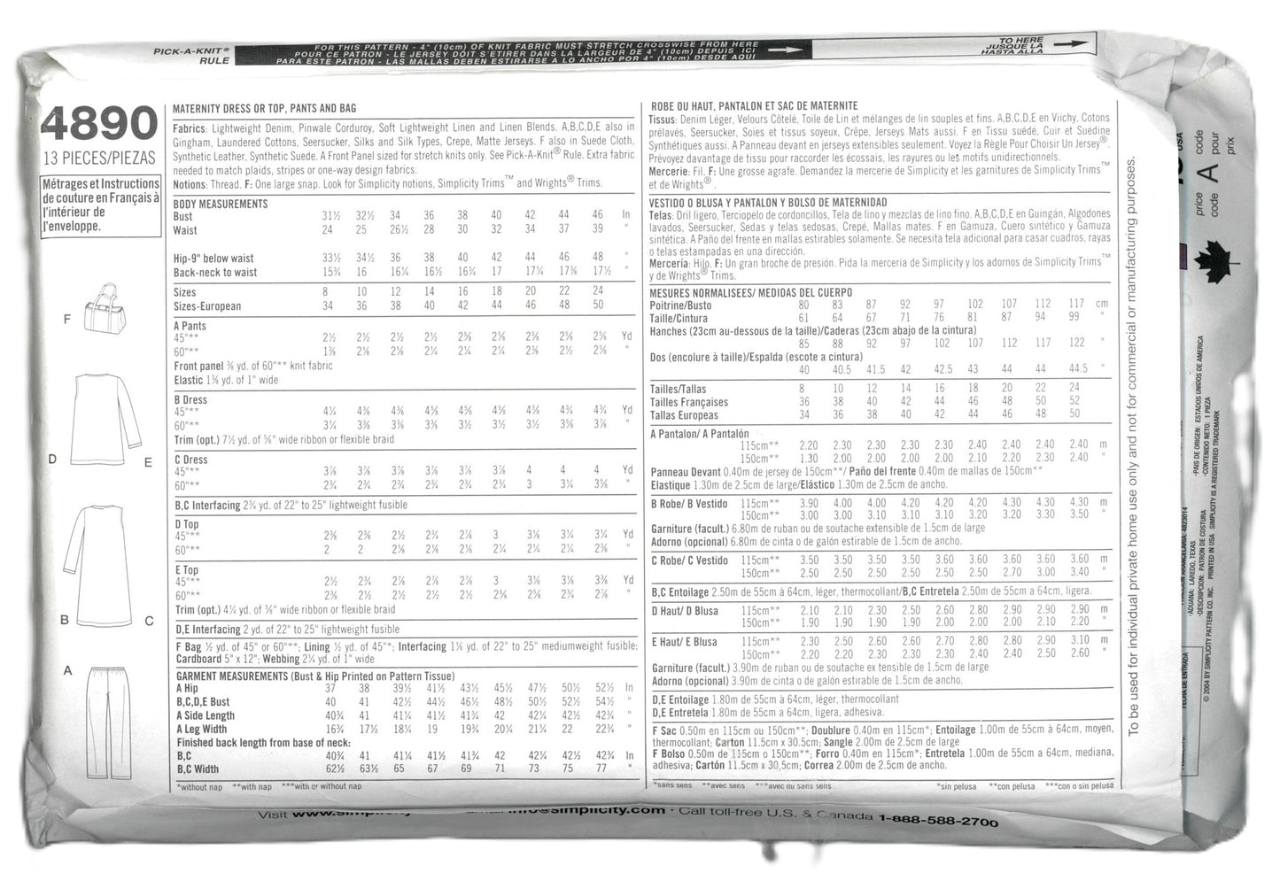 Simplicity 4890 Maternity Dress or Top Pants and Bag Sewing Pattern UNCUT Size 8 10 12 14