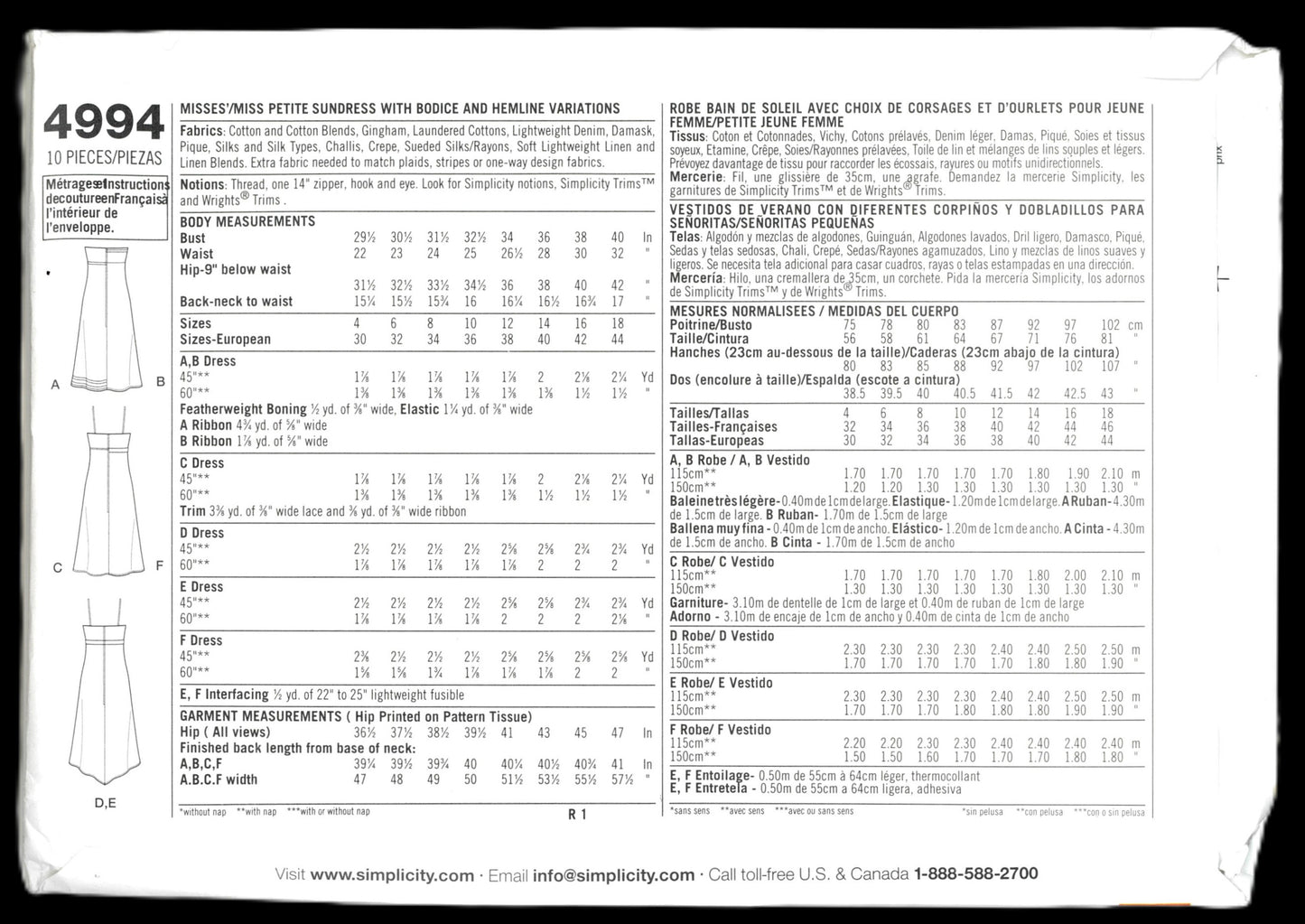 Simplicity 4994 Misses / Miss Petite Sundress with bodice and hemline variations Sewing Pattern UNCUT Size 12 14 16 18