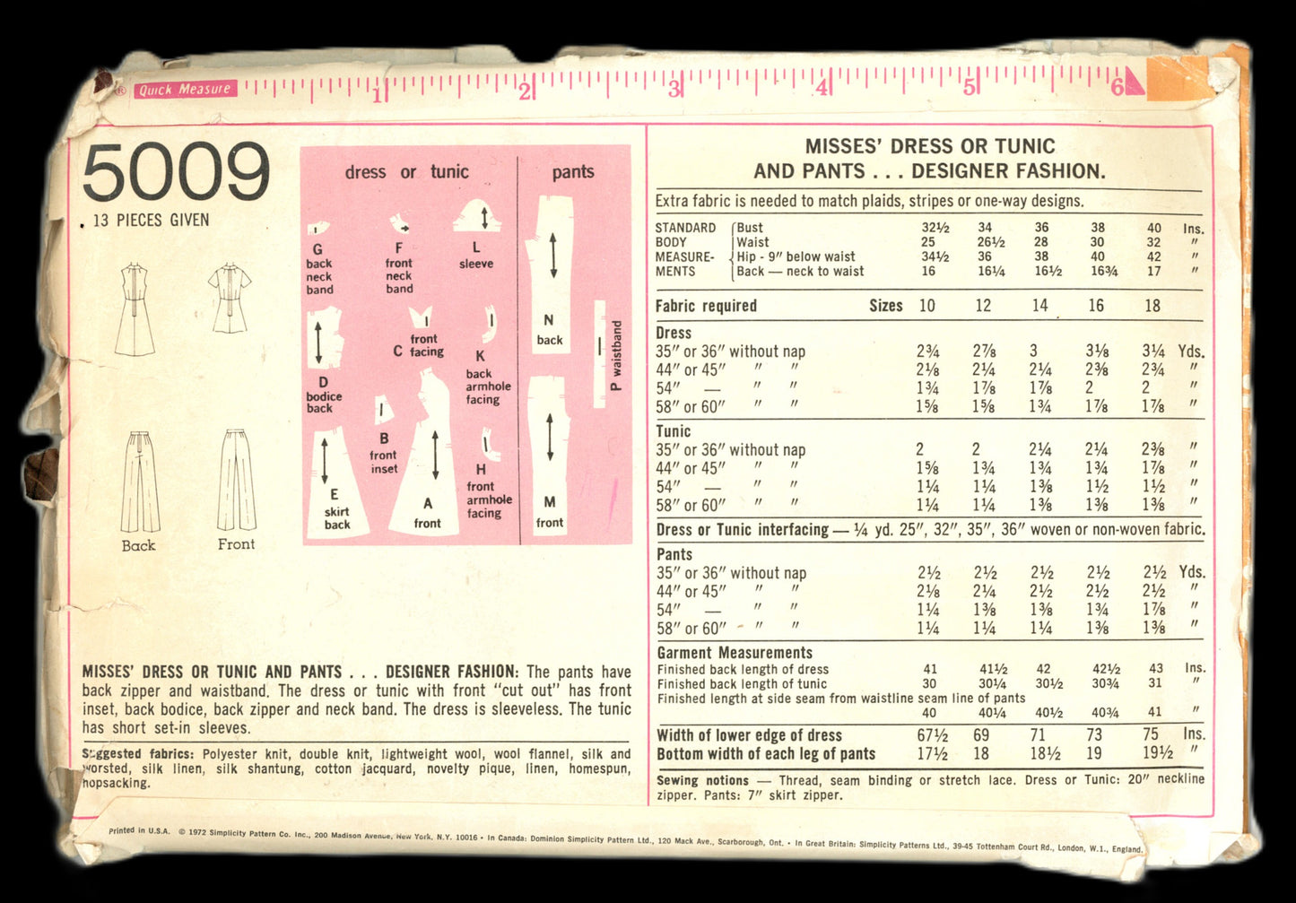 70s Simplicity 5009 Misses Dress or Tunic and Pants Sewing Pattern UNCUT Size 14 Bust 36" Waist 28"