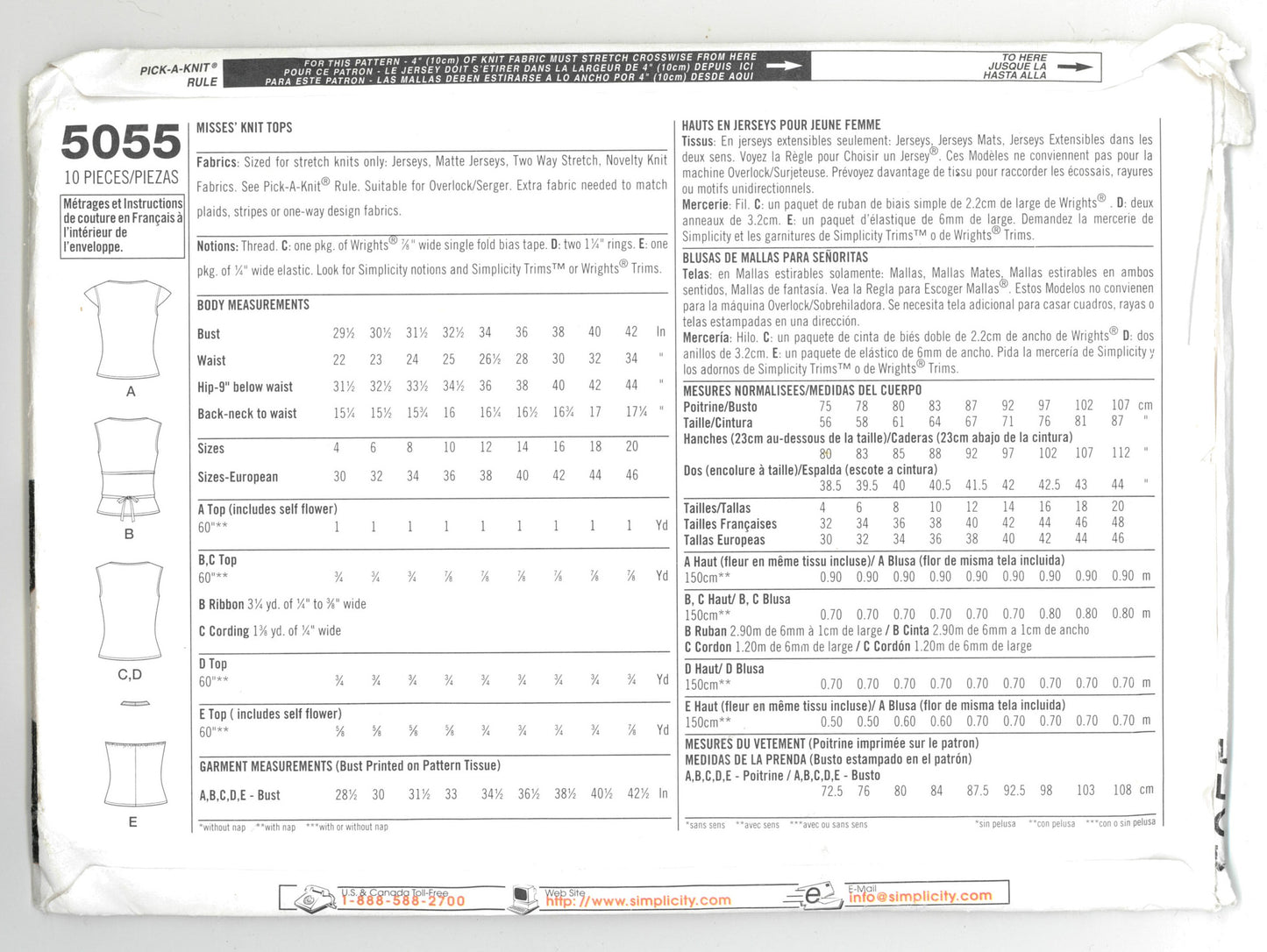 Simplicity 5055 Misses Knit Tops Sewing Pattern UNCUT - Size  4 6 8 10