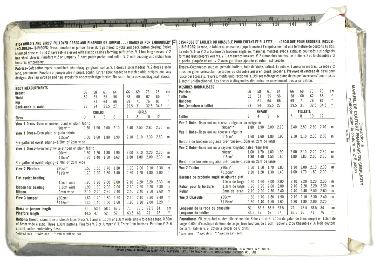 Simplicity 5154 Childs and Girls Pullover Dress and Pinafore or Jumper Sewing Pattern - UNCUT Size 4