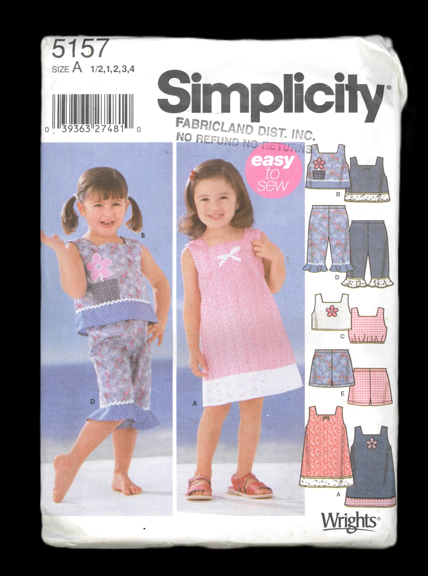 Simplicity 5157 Toddler Girls Dress Top Capri Pants and Shorts Sewing Pattern - UNCUT Size 1/2  1  2  3 4