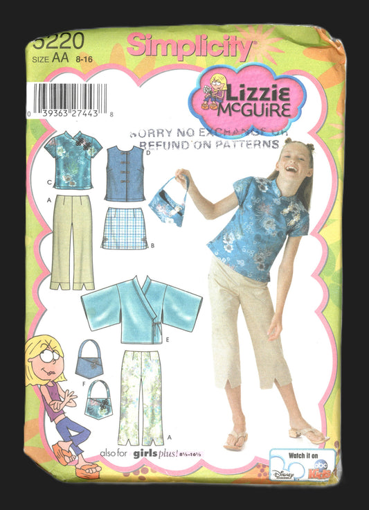Simplicity 5220 Lizzie McGuire Girls Pants Skirt Tops Wrap Top and Purse Sewing Pattern - UNCUT Size 8 - 16