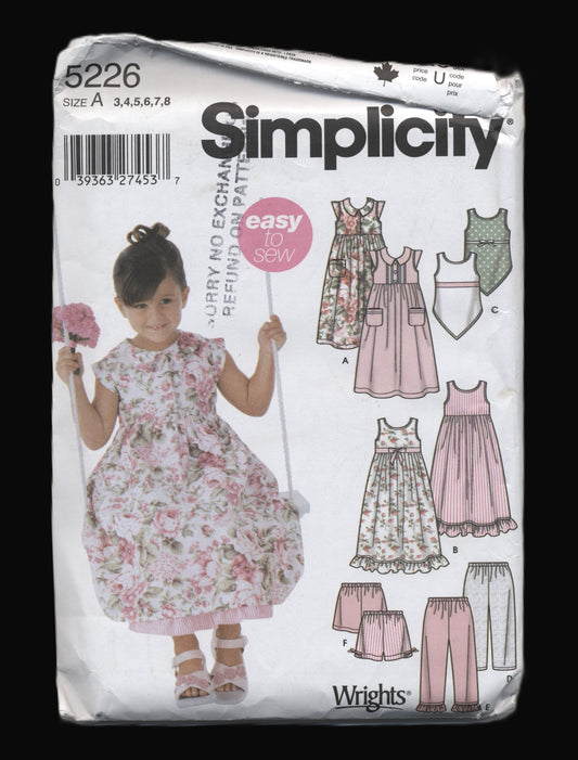 Simplicity 5226 Childs Girls dress Slip Dress or Top and Pants or Shorts Sewing Pattern - UNCUT Size 3 4 5 6 7 8
