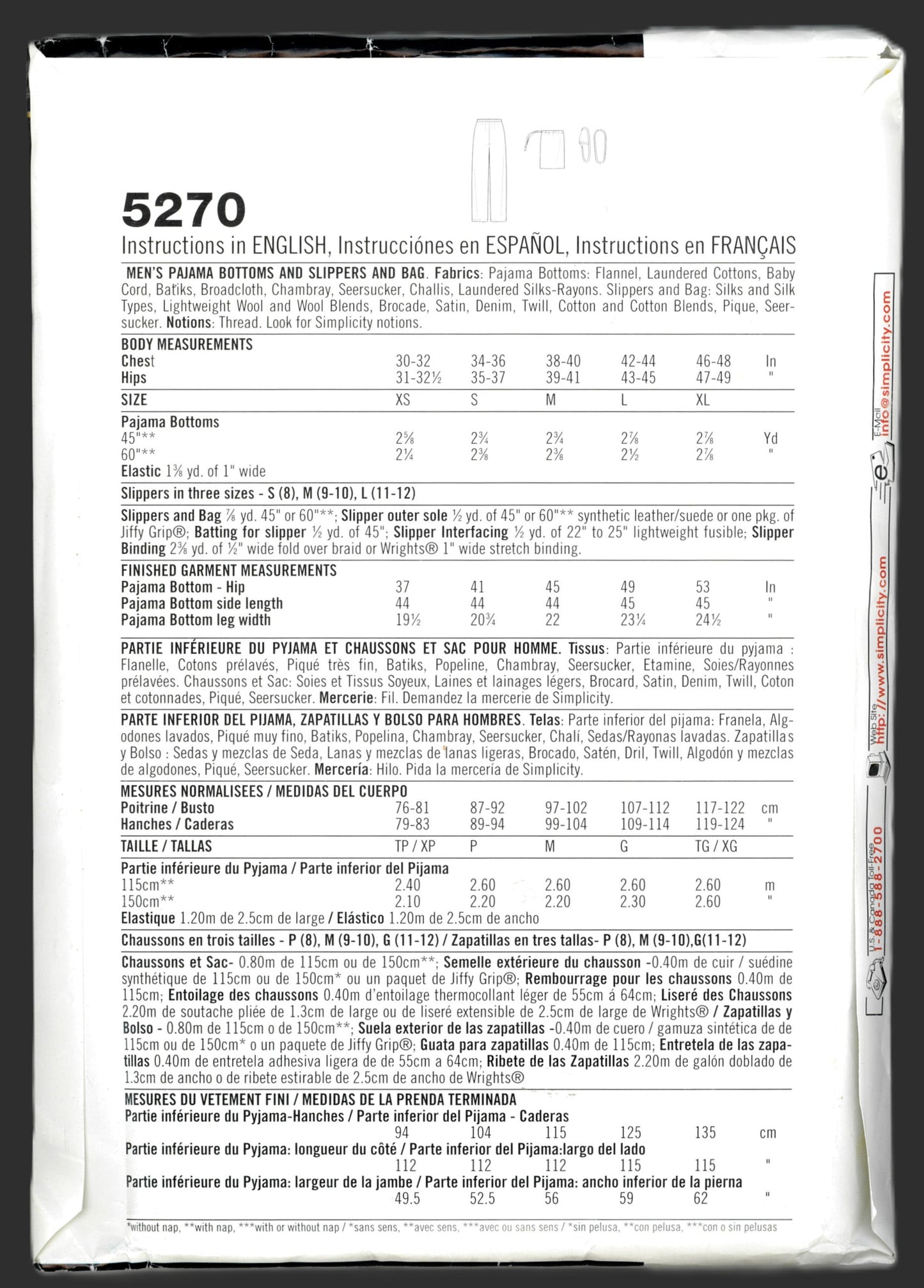 Simplicity 5270 Mens Pajamas Botoms and Slippers and Bag Sewing Pattern - UNCUT - Size  Xs - XL