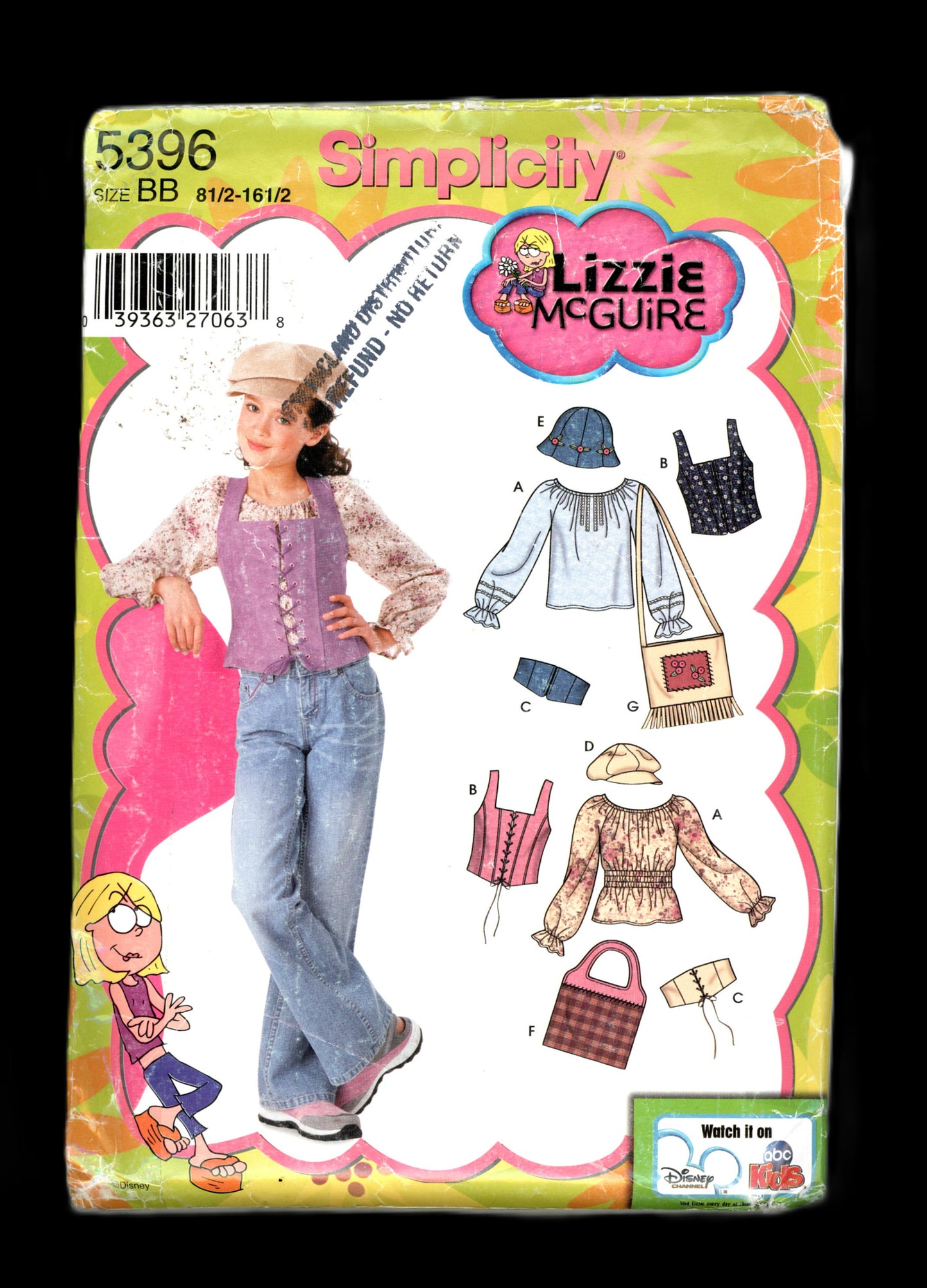 Simplicity 5396 Lizzie McGuire Girls Plus  Pullover Peasant Blouse, Corset Vest, Belt, Hats and Bag Sewing Pattern - UNCUT Size 8 1/2 - 16 1/2