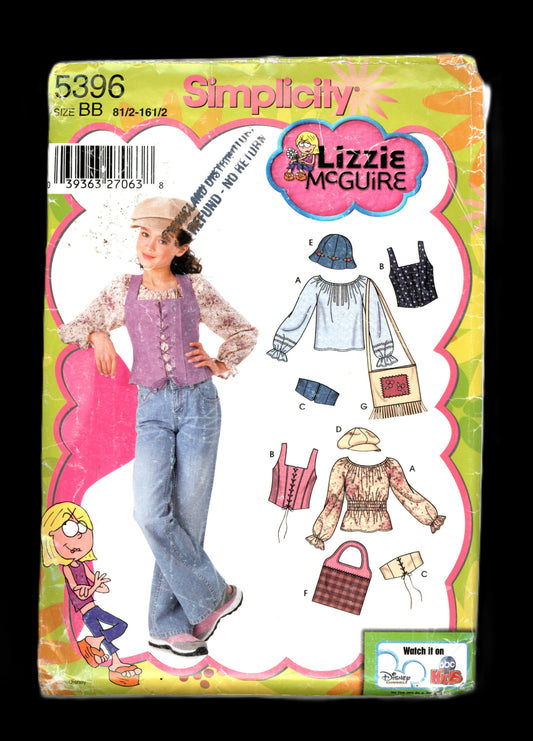 Simplicity 5396 Lizzie McGuire Girls Plus  Pullover Peasant Blouse, Corset Vest, Belt, Hats and Bag Sewing Pattern - UNCUT Size 8 1/2 - 16 1/2