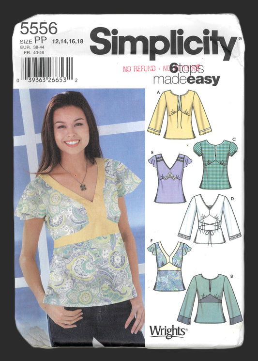 Simplicity 5556 Misses Pullover Tops with Neckline and Sleeve Variations Sewing Pattern - UNCUT - Size 12 14 16 18