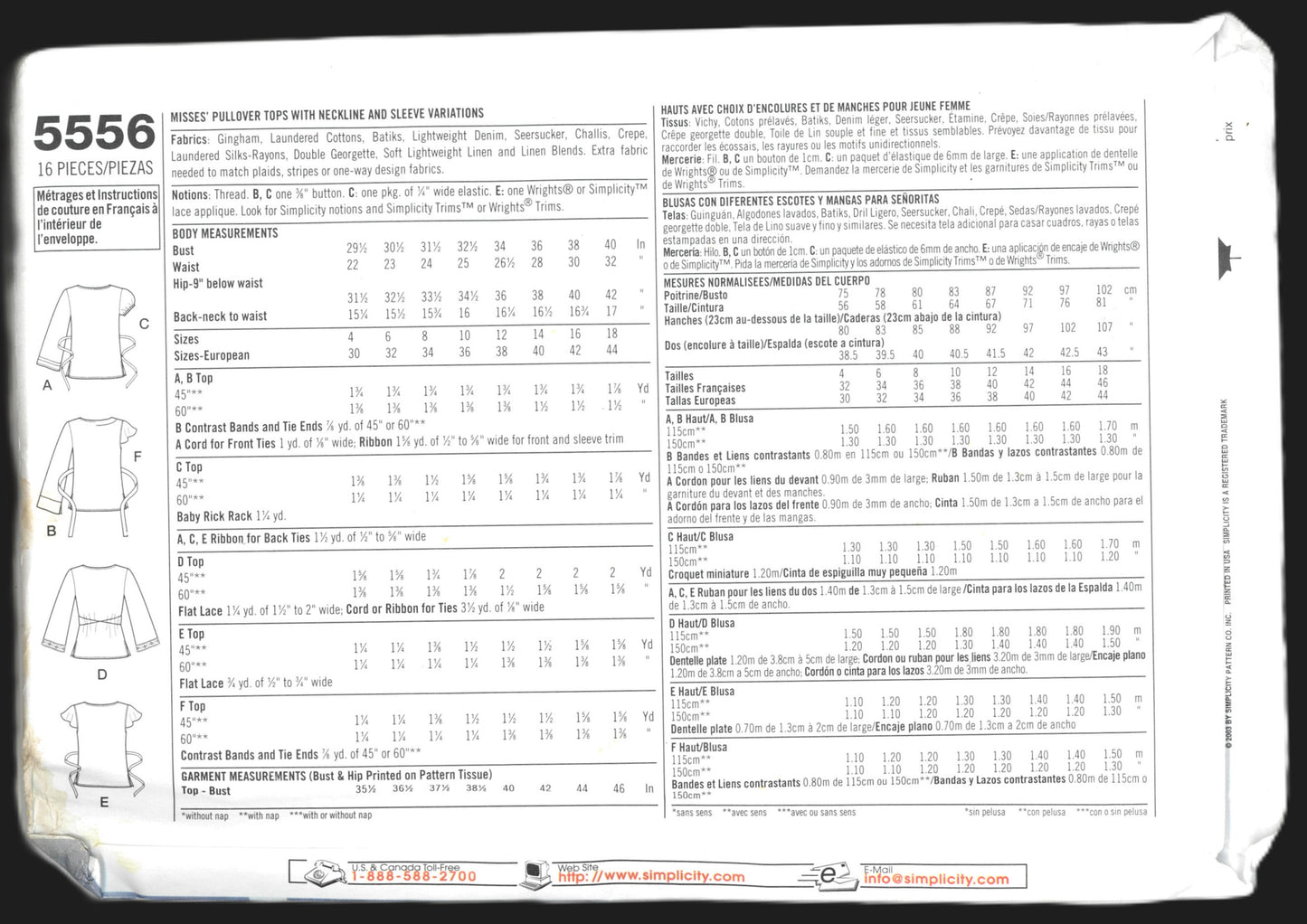 Simplicity 5556 Misses Pullover Tops with Neckline and Sleeve Variations Sewing Pattern - UNCUT - Size 12 14 16 18