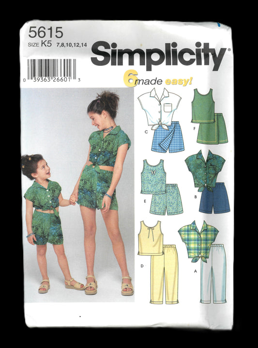 Simplicity 5615 Childs and Girls Tops Pants and Shorts Sewing Pattern - UNCUT Size 7 8 10 12 14