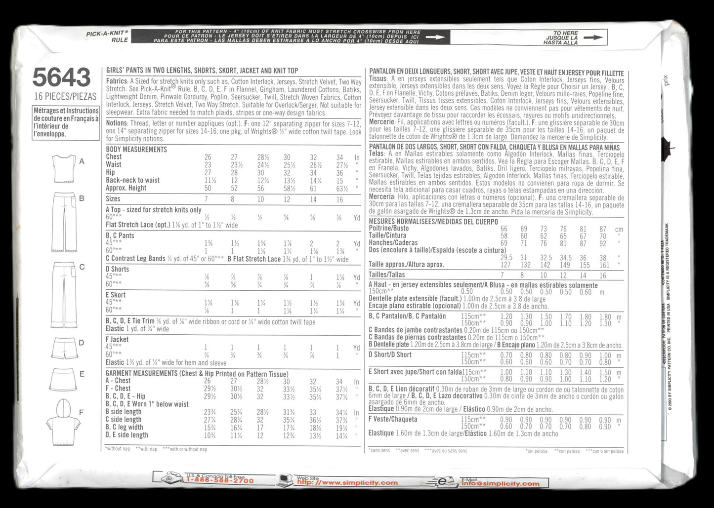 Simplicity 5643 Girls Pants in Two Lengths, Shorts, Skirt, Jacket and Knit Top Sewing Pattern  UNCUT Size 12 14 16