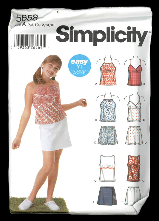 Simplicity 5658  Girls Top Shorts and Skort Sewing Pattern - UNCUT Size 7 8 10 12 14 16