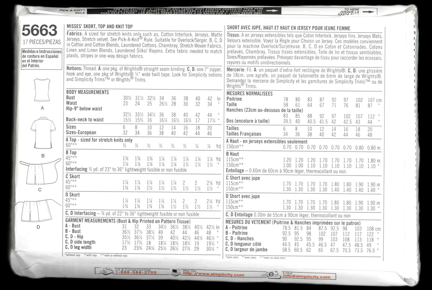Simplicity 5663 Misses Skort Top and Knit Top Sewing Pattern - UNCUT - Size 6 8 10 12