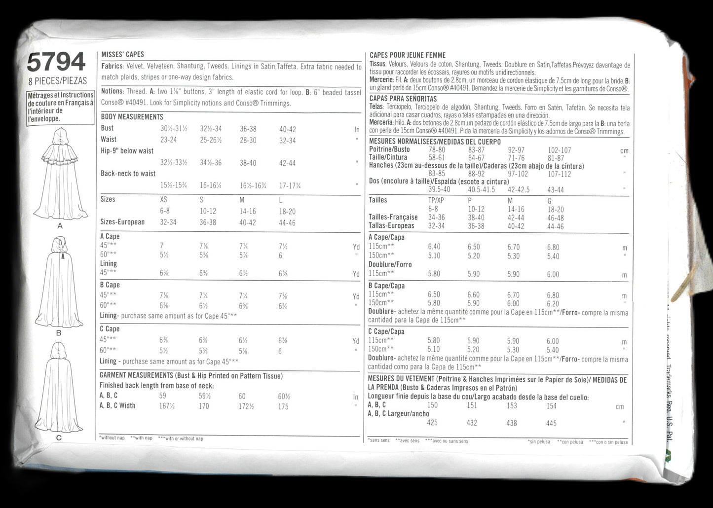 Simplicity 5794 Teresa Nordstrom Misses Capes Sewing Pattern - UNCUT - Size  XS S M L