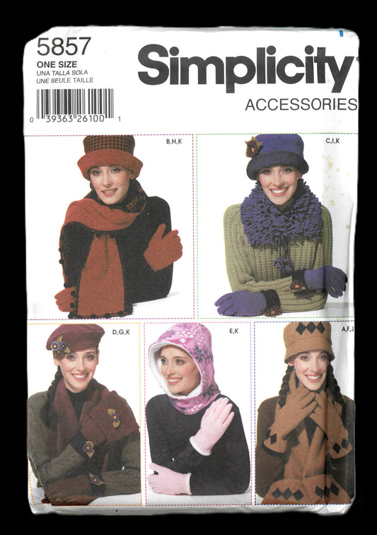 Simplicity 5857 Misses Accessories Hats and Gloves in Three Sizes, Hat in sizes S - 21" M-22" L 23" Sewing Pattern - UNCUT