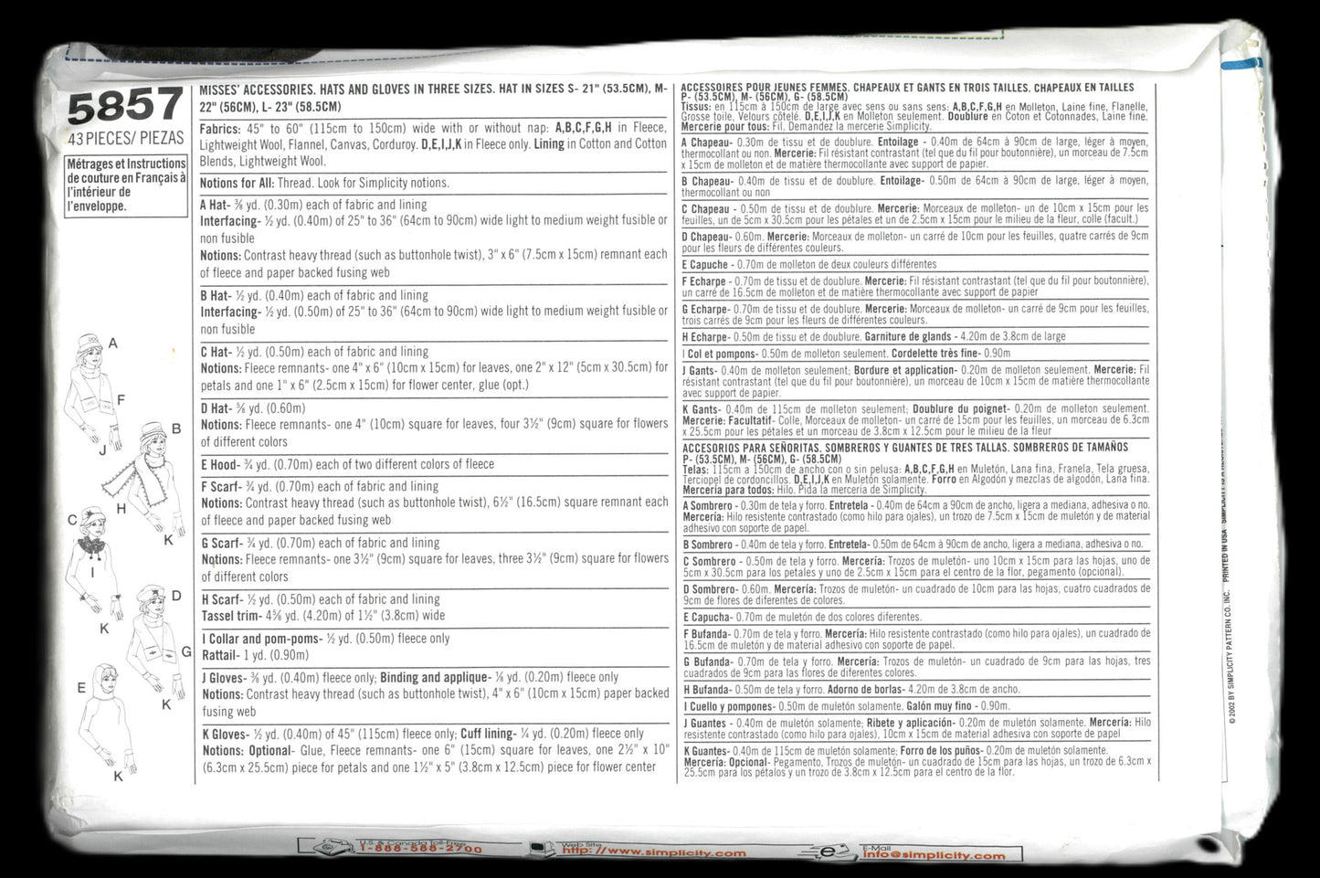 Simplicity 5857 Misses Accessories Hats and Gloves in Three Sizes, Hat in sizes S - 21" M-22" L 23" Sewing Pattern - UNCUT