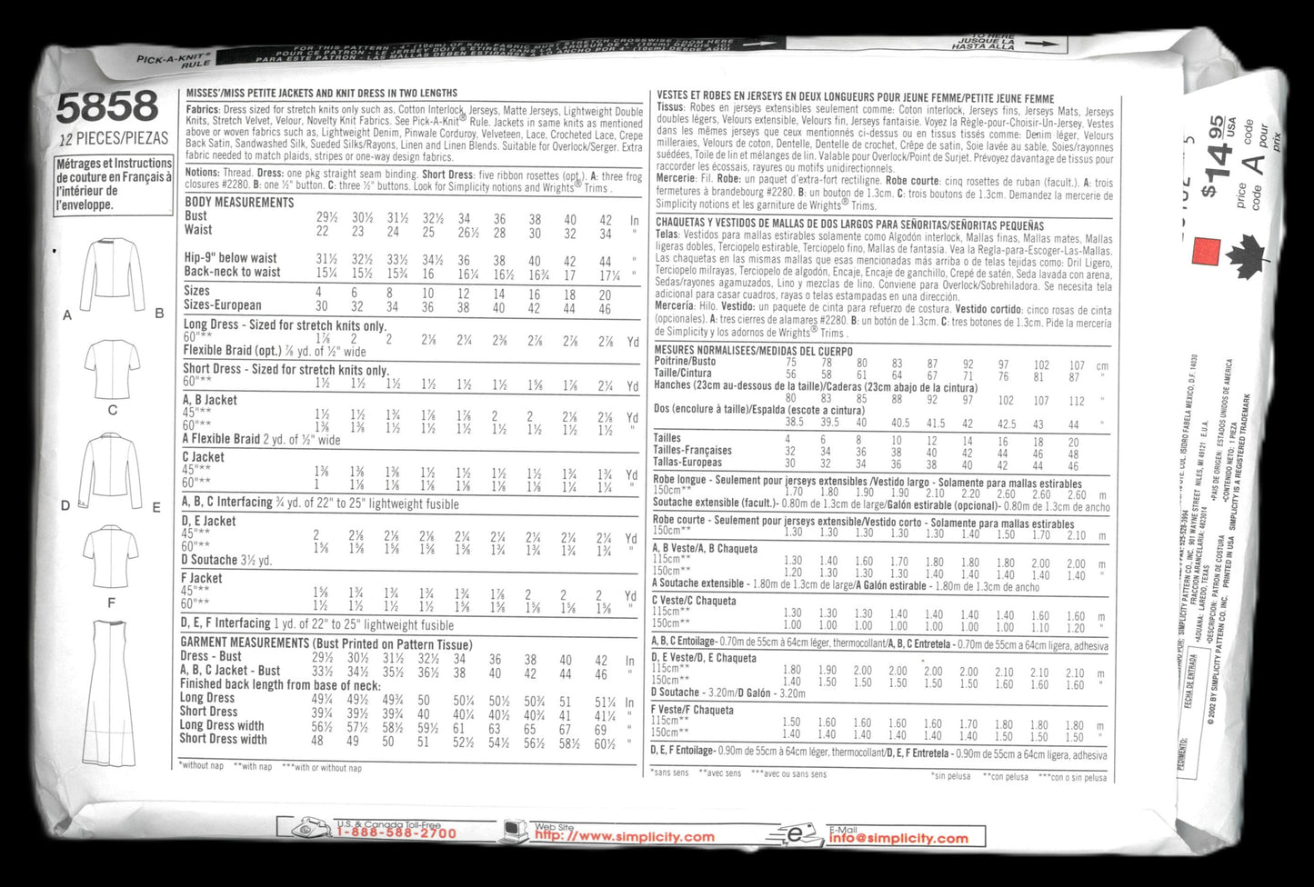 Simplicity 5858 Misses / Miss Petite Jacket and Knit Dress in Two Lengths Sewing Pattern UNCUT Size 12 14 16 18 20