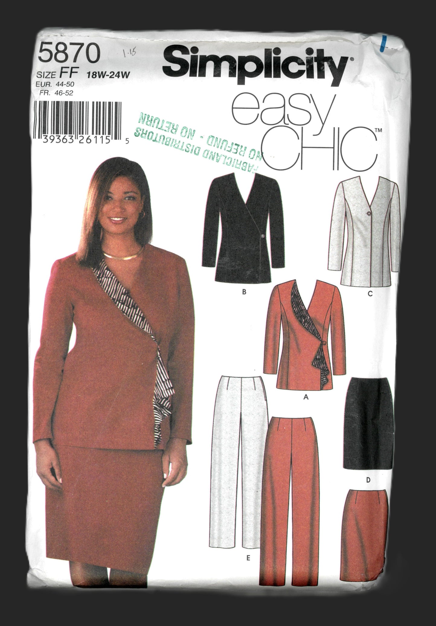 Simplicity 5870 Women's Skirt, Slim Pants and Lined Jacket Sewing Pattern UNCUT - Size 18W - 24W