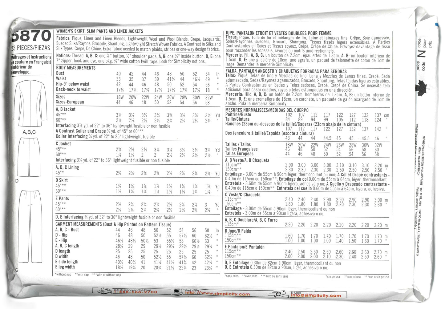 Simplicity 5870 Women's Skirt, Slim Pants and Lined Jacket Sewing Pattern UNCUT - Size 18W - 24W