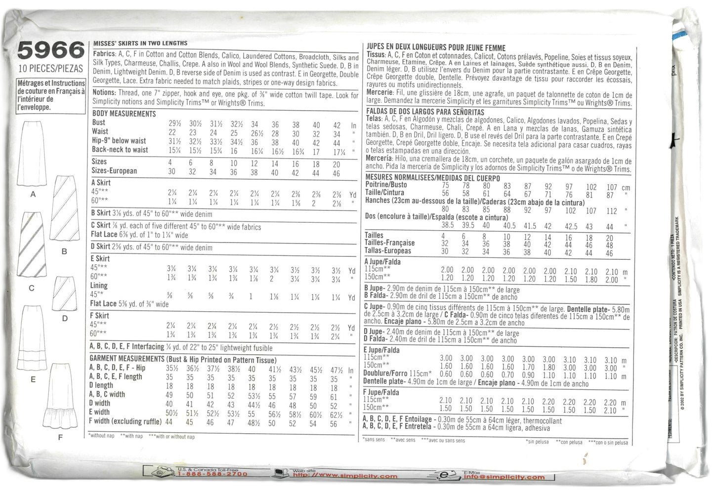 Simplicity 5966 Misses Skirt in Two Lengths Sewing Pattern - UNCUT - Size 12 - 20