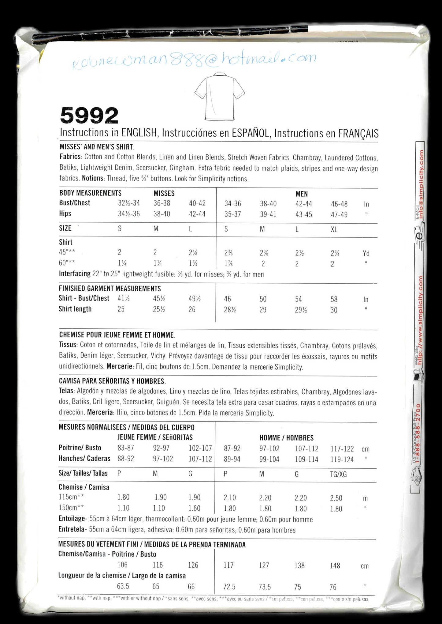 Simplicity 5992  Misses and Men's Shirt Sewing Pattern - UNCUT - Misses Size S - L Mens Size S - XL