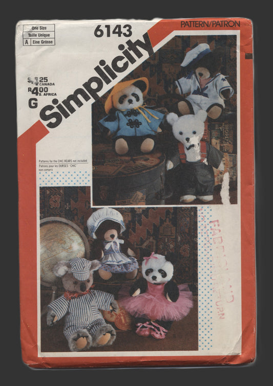 Simplicity 6143 Wardrobe for Chic Bears Sewing Pattern UNCUT One Size