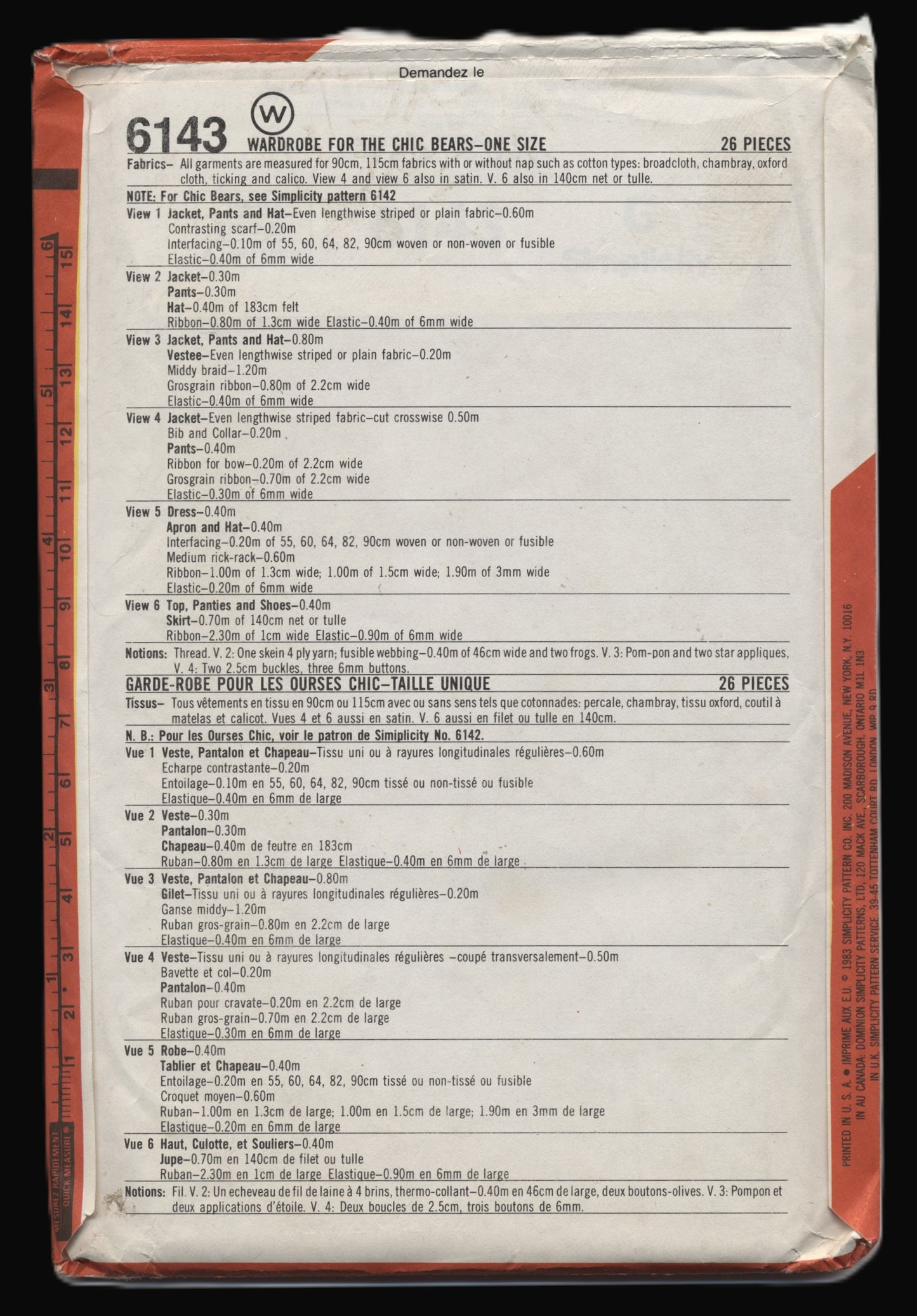 Simplicity 6143 Wardrobe for Chic Bears Sewing Pattern UNCUT One Size