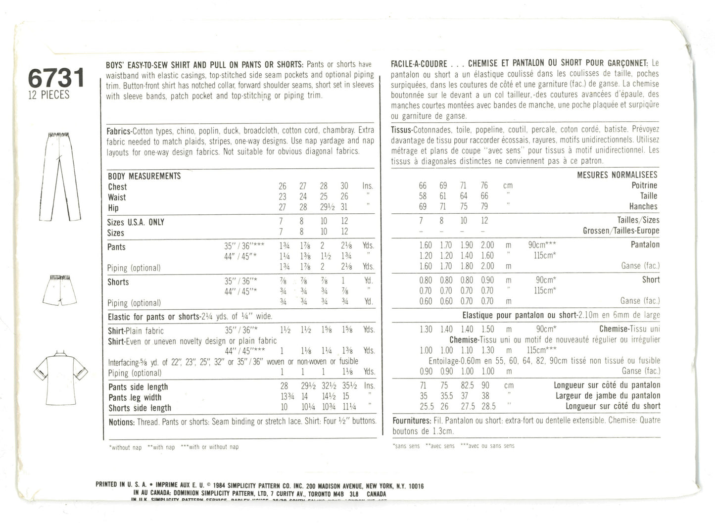 SImplicity 6731 Boys Easy to Sew Shirt and Pull on Pants or Shorts Sewing Pattern - UNCUT - Size 10