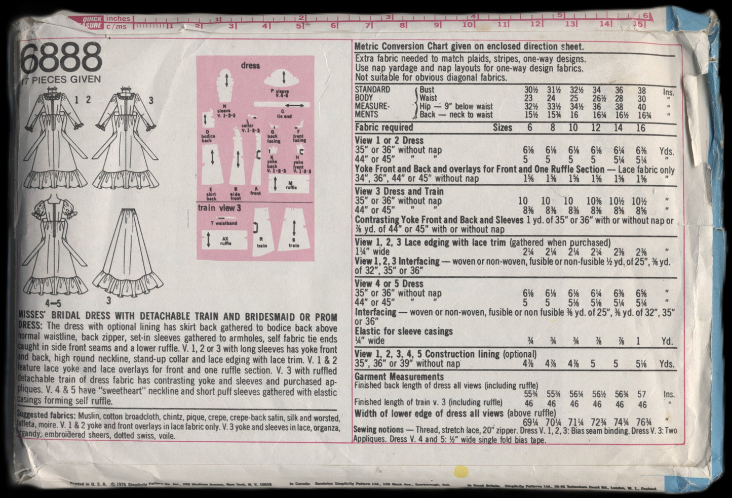70s Simplicity 6888 Misses BridalDress with Detachable Train and Bridesmaid or Prom Dress  Sewing Pattern - UNCUT - Size 10  or Size 12 or Size 14