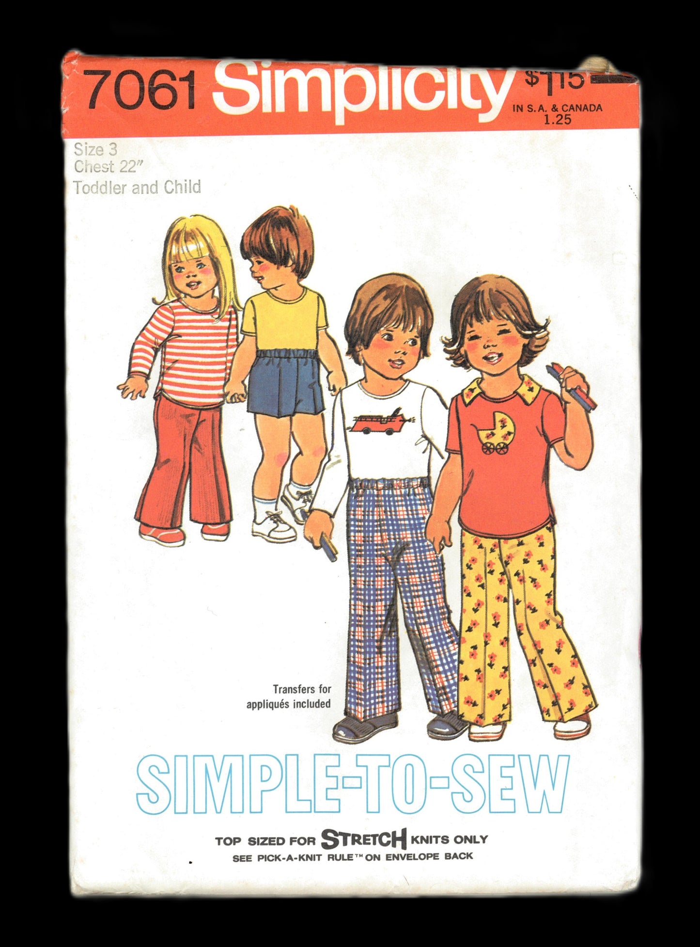 70s SImplicity 7061 Simple-To-Sew Toddlers' And Child's Pants or Shorts and Pullover Top Sewing Pattern - UNCUT - Size 3 or Size 4