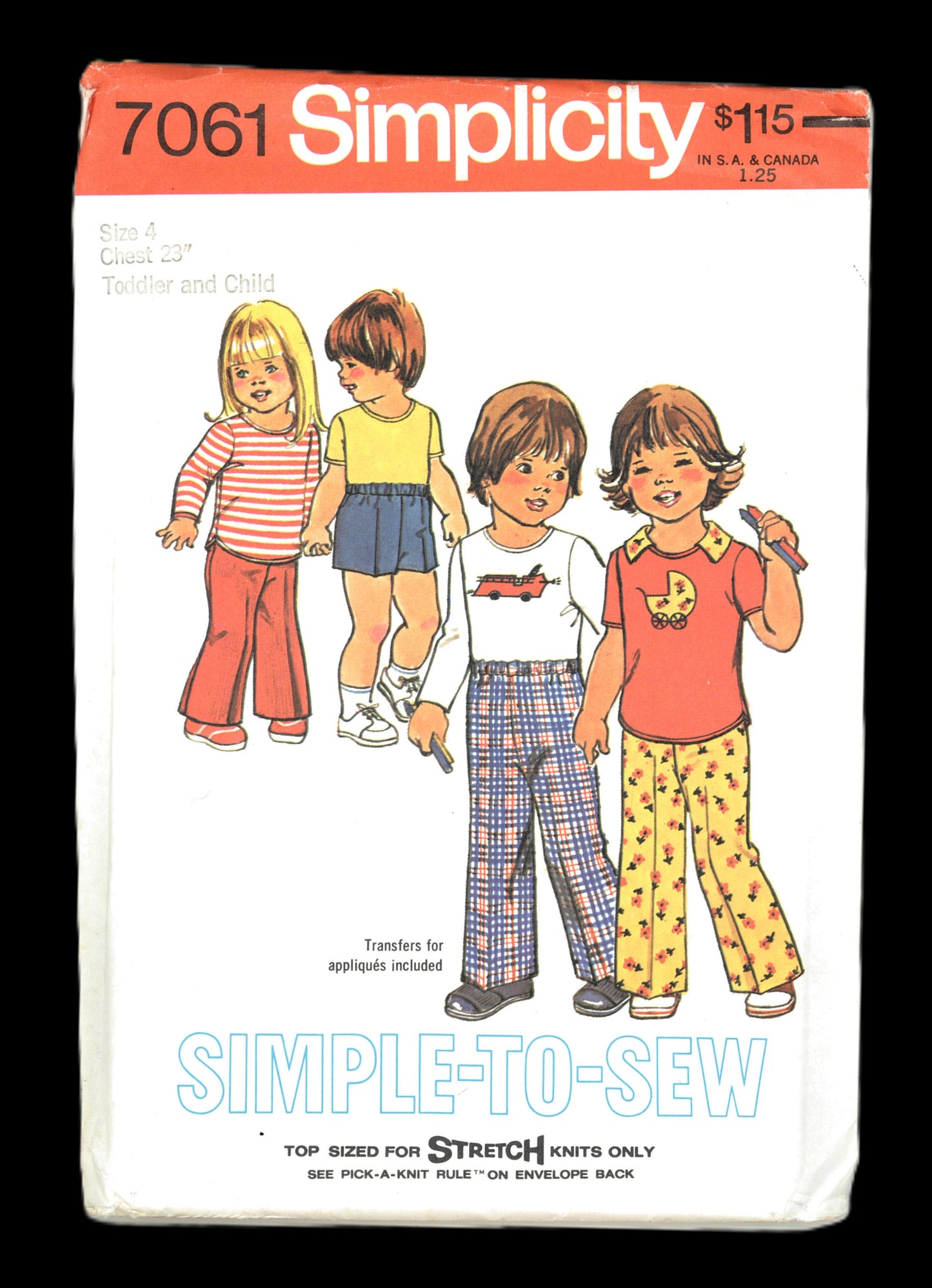 70s SImplicity 7061 Simple-To-Sew Toddlers' And Child's Pants or Shorts and Pullover Top Sewing Pattern - UNCUT - Size 3 or Size 4