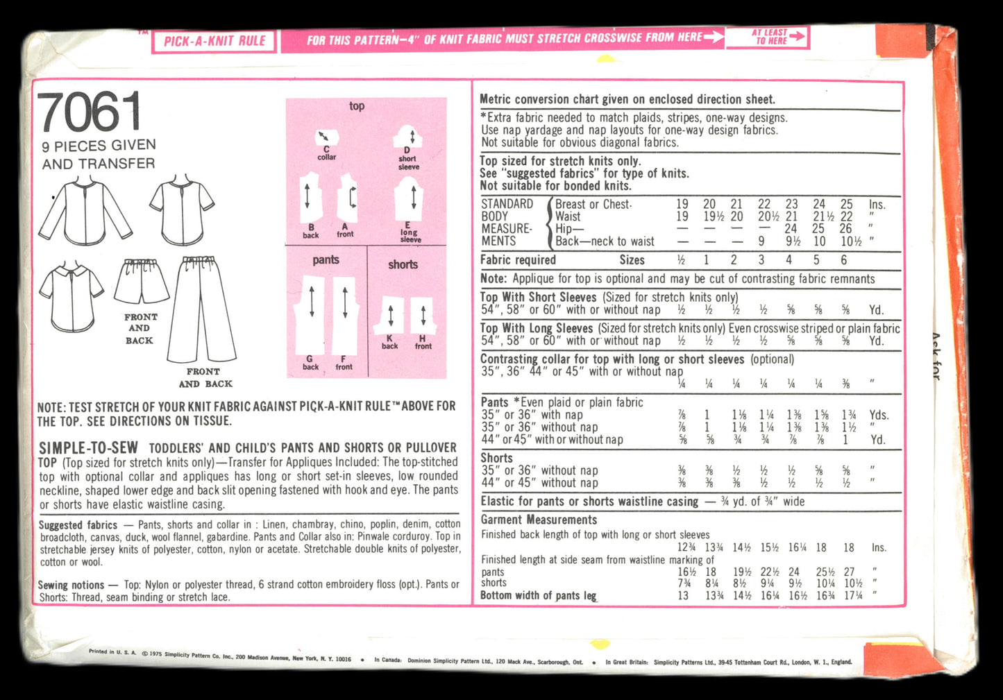 70s SImplicity 7061 Simple-To-Sew Toddlers' And Child's Pants or Shorts and Pullover Top Sewing Pattern - UNCUT - Size 3 or Size 4