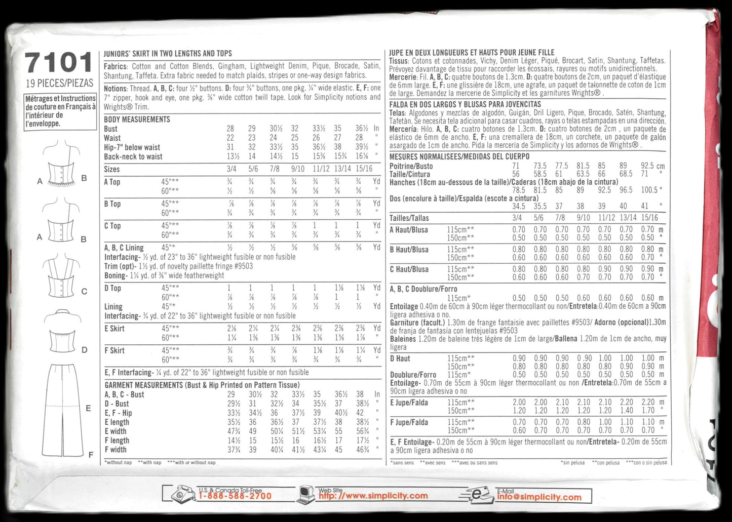 Simplicity 7101 Juniors Skirt in Two LEngths and Tops  Sewing Pattern  UNCUT Size 11/12 - 15/16