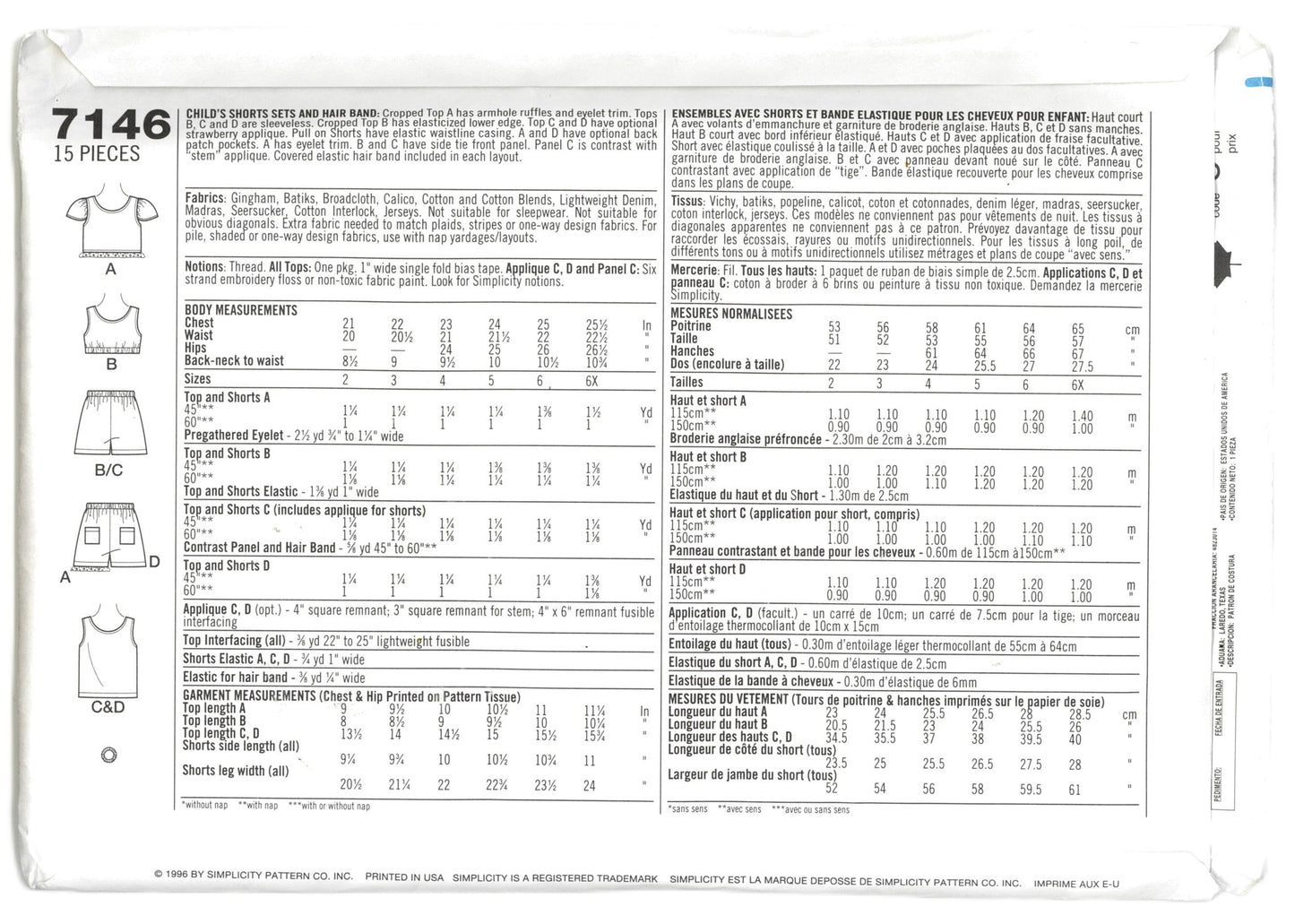 Simplicity 7146 Childs Girls Short Sets and Hair Band Sewing Pattern - UNCUT Size 5 6 6x