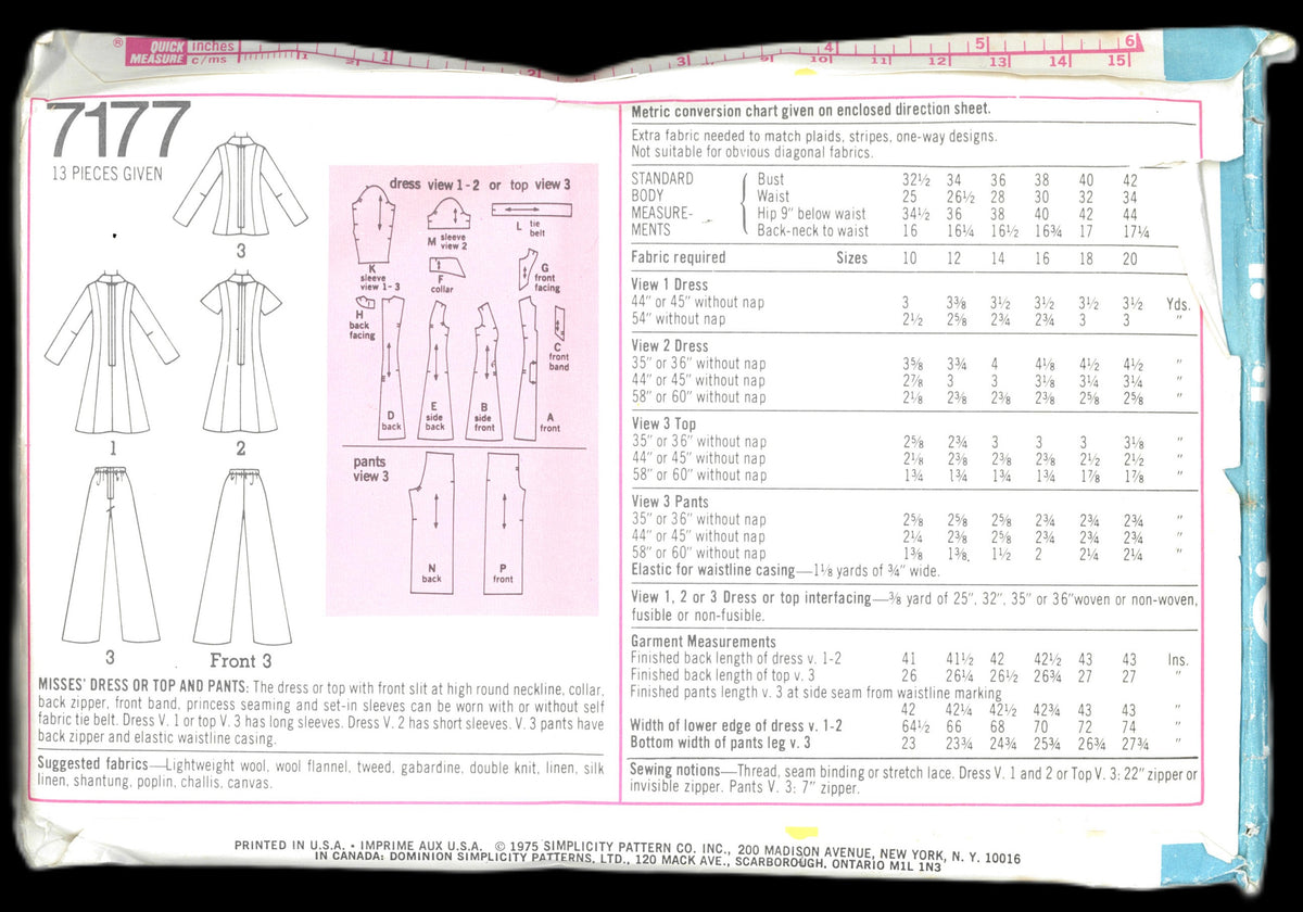 70s Simplicity 7177 Misses Dress or Top and Pants Sewing Pattern UNCUT Size 12 Bust 34"