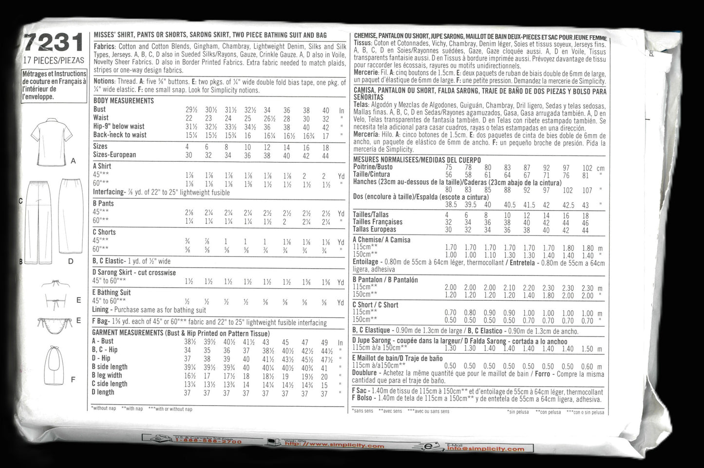 Simplicity 7231 Misses Shirt, Pants or Shorts, Sarong Skirt, Two Piece Bathing Suit and Bag Sewing Pattern UNCUT  Size 4 6 8 10