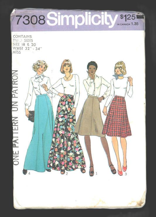 70s Simplicity 7308 Misses Skirts in Two Lengths Skirt Sewing Pattern UNCUT  Size 18 & 20 ( waist 32" -34")