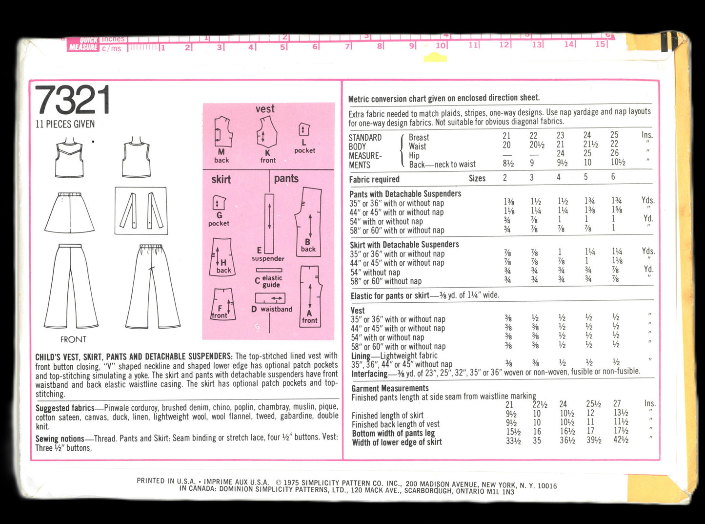 70s Simplicity 7321 Girls Vewst Skirt pants and Detachable Suspenders Sewing Pattern UNCUT Size 4 Size 5 or Size 6